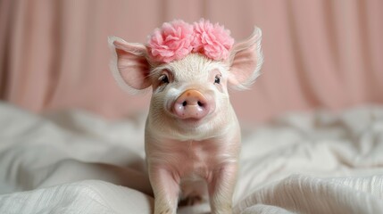 Adorable Baby Piglet with Pink Flower Crown on Soft White Blanket Against Blush Pink Background