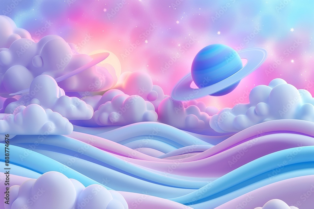 Poster surreal fantasy scene with floating planets and pastel colored clouds dynamic and imaginative design
