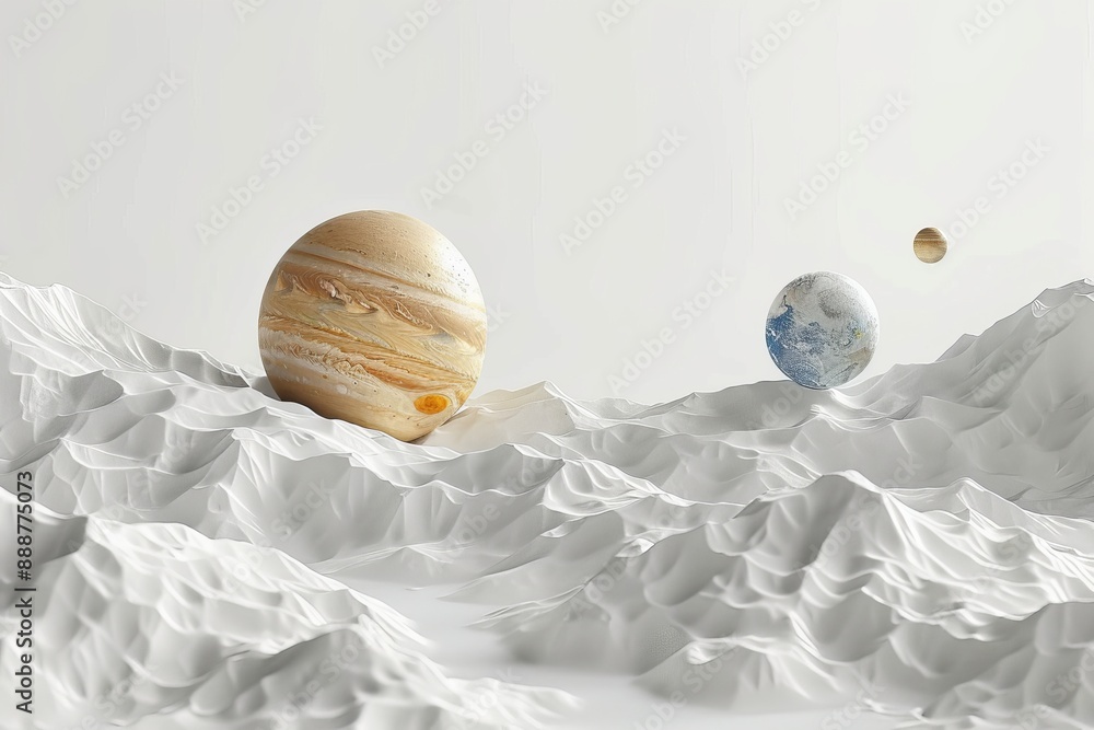 Aufkleber surreal landscape with floating planets over a white mountainous terrain dynamic and imaginative des