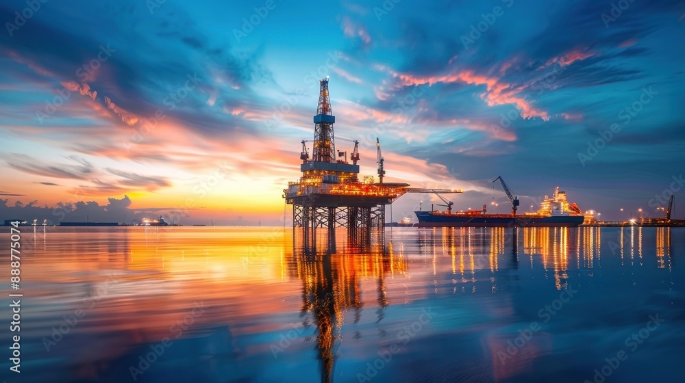 Poster oil rig at sunset