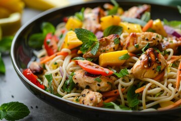 Tasty mango chicken salad with noodles and vibrant colors