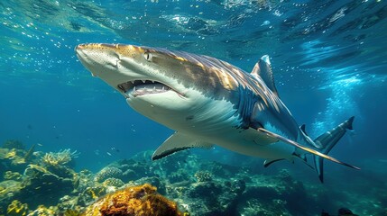 Fototapeta premium Majestic Shark Swimming Underwater in Vibrant Coral Reef with Clear Blue Water