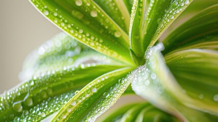 Obraz premium Close-up of dew on a spider plant leaf