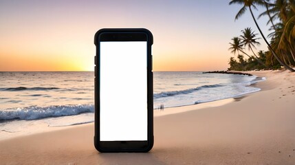Phone against the backdrop of an evening summer landscape, palm trees, ocean, sandy shore.