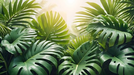 Tropical green leaves against a sunny background create a minimalist summer theme with a frame perfect for copying space images.