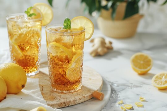 Text space available for homemade iced lemon ginger tea in glasses