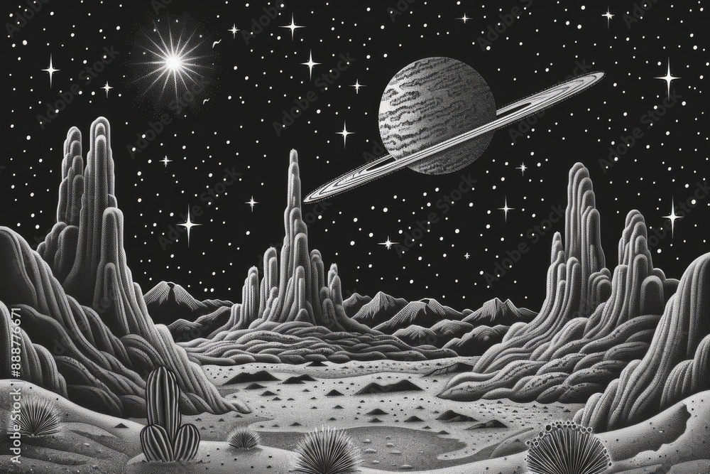 Aufkleber artistic depiction of a monochromatic cosmic scene with planets dynamic and imaginative design moder