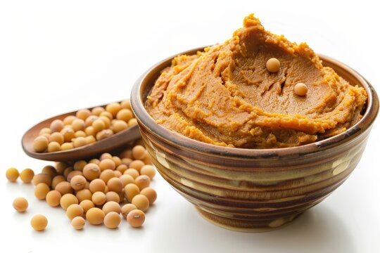 Thick Japanese miso paste and dried soybeans on white background