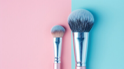 a top view of two cosmetic brush on blue and pink background