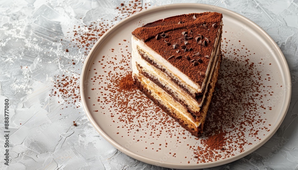 Poster tiramisu cake with chocolate decor on plate grey stone background overhead view