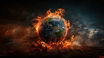 A globe ablaze flames engulfing continents symbolizing global crisis or environmental disaster against a dark sky