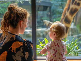Mother and Son Observing Animals at a Zoo