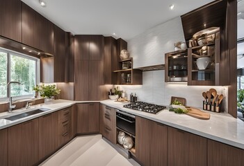 Luxury home kitchen interior with cabinet and kitchenware, cooking space