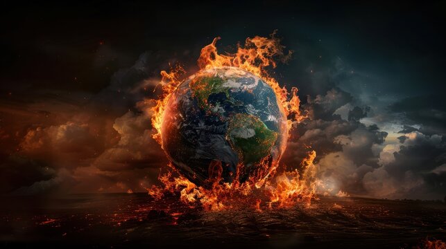 A globe ablaze flames engulfing continents symbolizing global crisis or environmental disaster against a dark sky