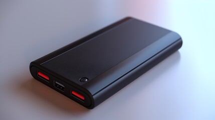 Black power bank with regulates ports and a mobile energy sign on the sign side