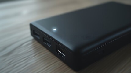 Black power bank with regulates ports and a mobile energy sign on the sign side