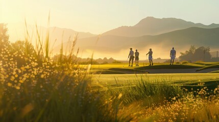 Golfers on Course at Sunset
