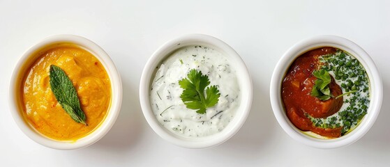Top down view of various dipping sauces in bowls on white background