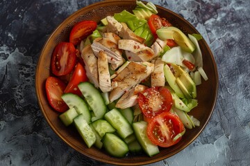 Top view of a salad with chicken and fresh vegetables