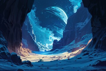 Naklejka premium Mysterious Alien Landscape with Towering Ice Cliffs and Glowing Moon