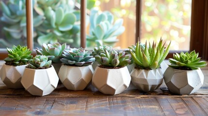 Succulent arrangement in geometric pots