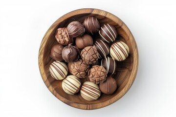 Top view of chocolate candy in wooden bowl isolated on white background