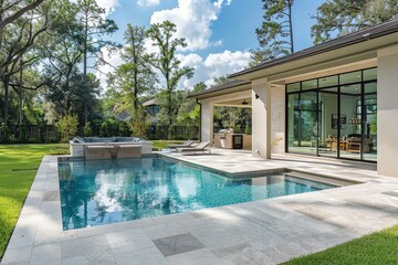 Fototapeta premium Simple rectangular pool and spa design surrounded by light grey paver patio on grassy yard, Spring, Texas, minimalist style, clean lines, and simple geometry.