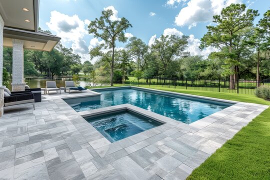 Simple rectangular pool and spa design surrounded by light grey paver patio on grassy yard, Spring, Texas, minimalist style, clean lines, and simple geometry.