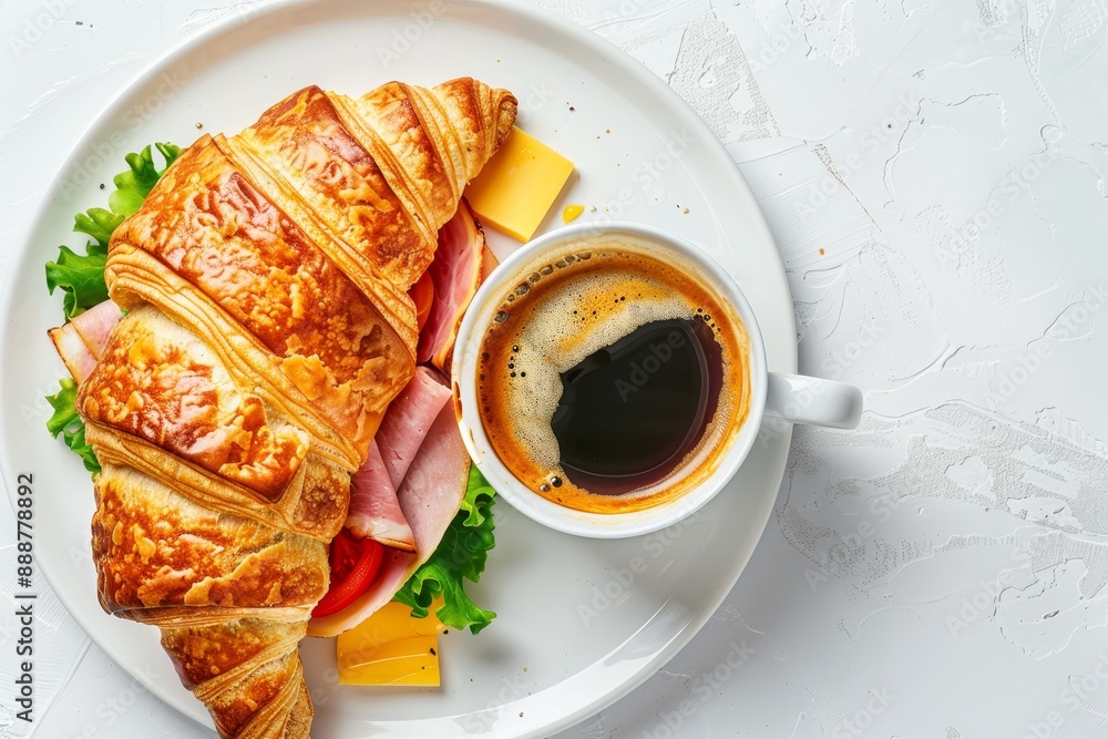 Sticker top view of croissant sandwich with ham cheese salad and coffee on white table