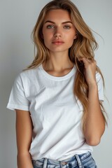 Fototapeta premium White tshirt mockup on woman model created with Generative AI