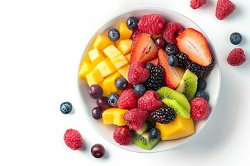 Obraz premium Top view of fresh fruit salad in white bowl