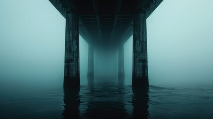 Eerie View of a Bridge Pier in Thick Fog
