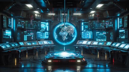 Futuristic control room with digital screens - generative ai
