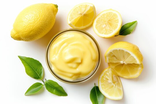 Top view of homemade vanilla custard pudding or lemon curd with lemon slices on white background