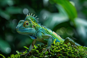 Obraz premium Green Iguana Perched on Mossy Branch