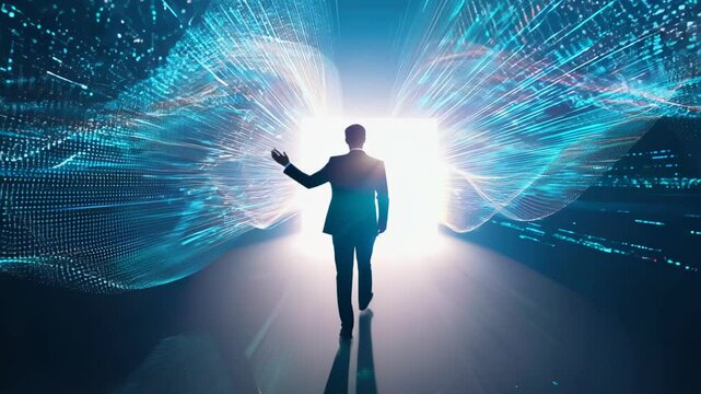 Silhouette approaches brilliant light source amidst swirling data streams. Cascading information forms tunnel-like pathway.