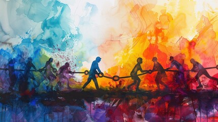 Fototapeta premium Colorful watercolor painting depicting businesspeople pulling ropes in a competitive tug of war against an abstract background.