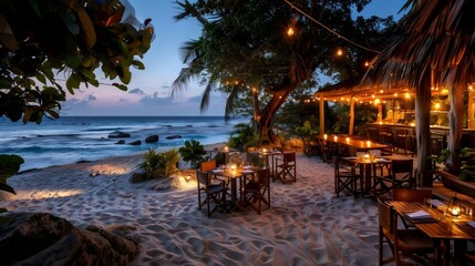 A beachside restaurant with tables and chairs set up on the sand