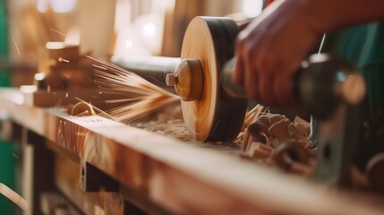 Close-up of a carpenter using an electric sander on a wooden plank with sparks flying. Woodworking, carpentry tools, craftsmanship, DIY project, home improvement, manual skill, workshop concept.