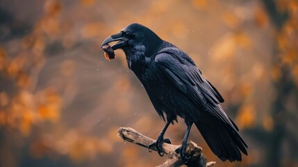 A black crow perched on a branch with raw meat in its beak on a nature background