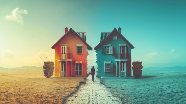 Divorce family and division house. Apartment property separate conflict people man and woman. Concept estate dispute. Generation AI