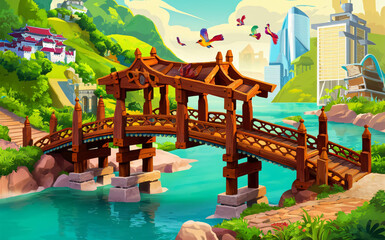 A flat Wooden bridge, graphic art Illustration, cartoon background