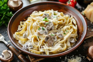 Traditional Italian homemade fettuccine pasta with mushrooms and cream sauce Fettuccine al Funghi Porcini served on a dark table with rustic wooden