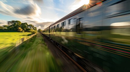 Close up of train speeding through English countryside on bright sunny day with extended exposure for extended motion blur