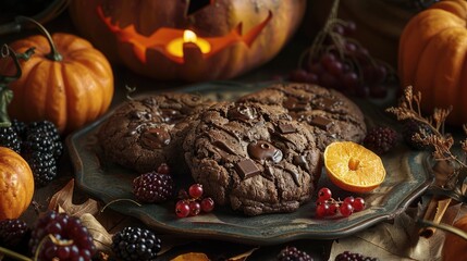 Fototapeta premium An enticing view focused on a chocolate filled cookie alongside tangerines red blackberries and a warm jack o lantern backdrop