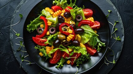 Delicious salad with lettuce red pepper tomato corn and sliced olives on a black plate