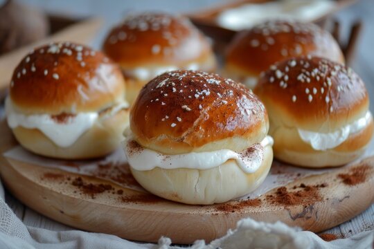 Traditional sweet dessert buns with homemade cinnamon and white cream sauce
