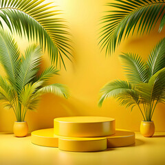 Podium with palm leaves on mixed of yellow white background for the display of product