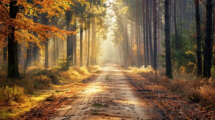 Fototapeta premium Forest road and environment in autumn morning for conservation sustainability or biodiversity Empty Scenic landscape and trees with dirt path for foliage exploration or evergreen in nature