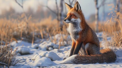 Fototapeta premium Ezo red fox sitting in the snow